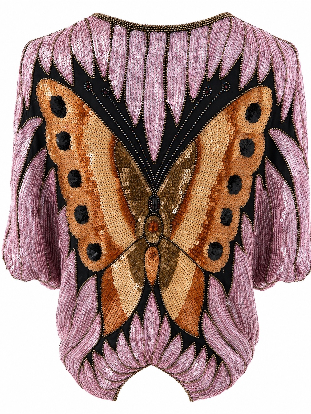 Vintage 100% Silk Hand Beaded Sequin Butterfly Top 70s Glam Statement - Picture 10 of 13